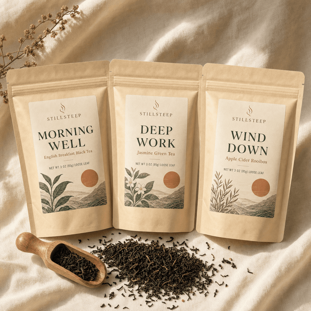 The Ritual Sampler — three Stillsteep loose-leaf tea pouches
